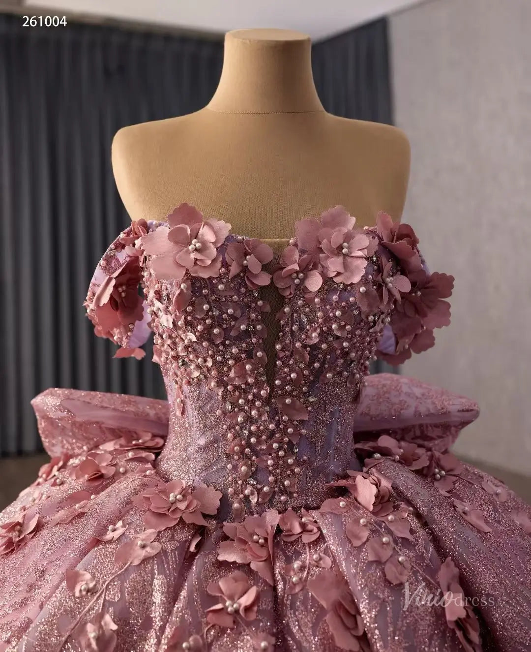 Dusty Rose Off-Shoulder Quinceañera Ball Gown with 3D Floral Appliqués, Beaded Bodice & Oversized Bow – 261004