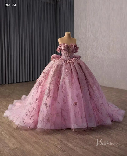Dusty Rose Off-Shoulder Quinceañera Ball Gown with 3D Floral Appliqués, Beaded Bodice & Oversized Bow – 261004