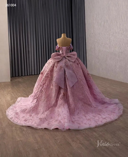 Dusty Rose Off-Shoulder Quinceañera Ball Gown with 3D Floral Appliqués, Beaded Bodice & Oversized Bow – 261004