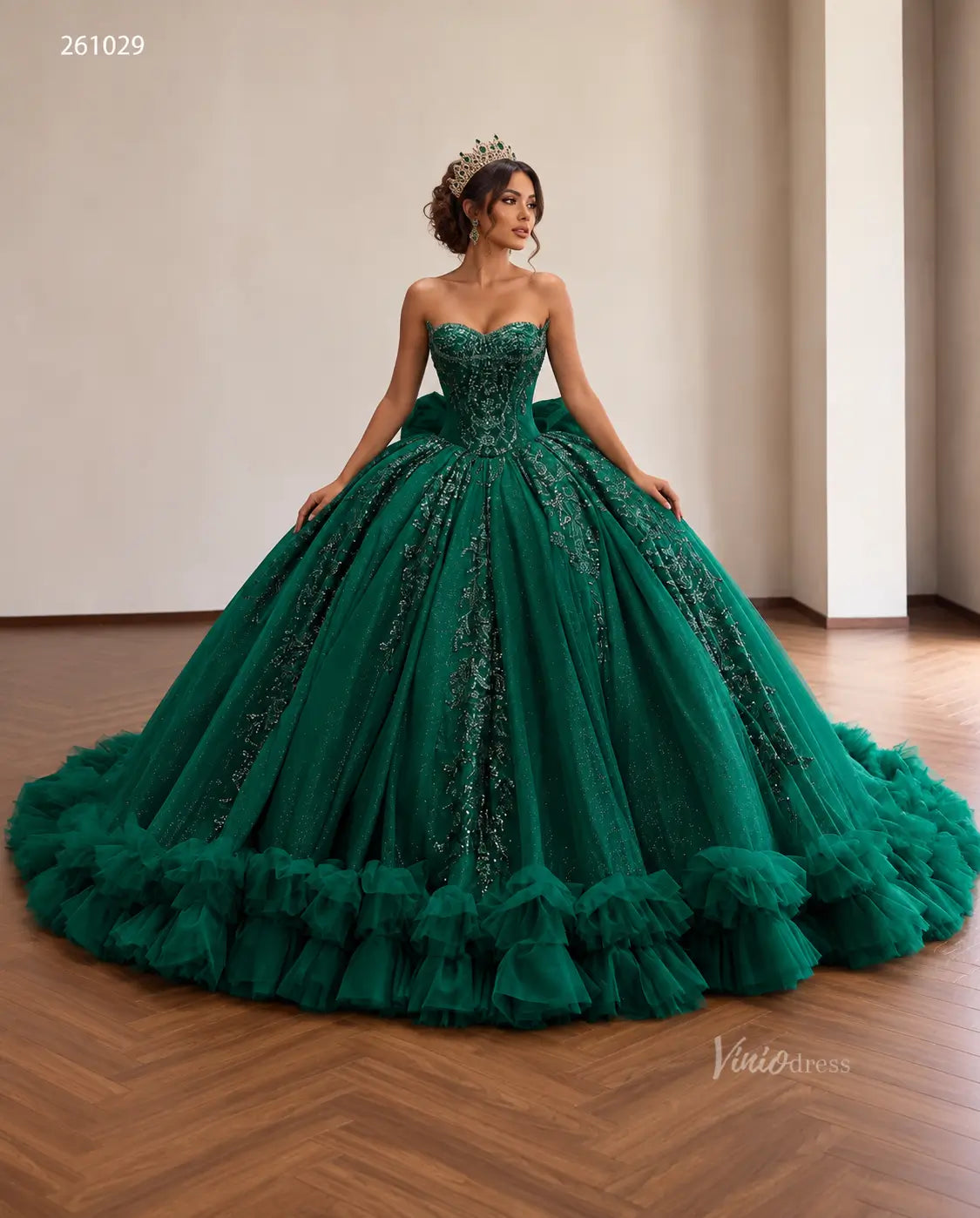 Regal Beaded Quinceañera Ball Gown with Sweetheart Corset, Ruffled Hem and Oversized Back Bow - 261029