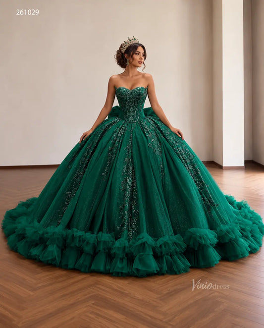 Regal Beaded Quinceañera Ball Gown with Sweetheart Corset, Ruffled Hem and Oversized Back Bow - 261029