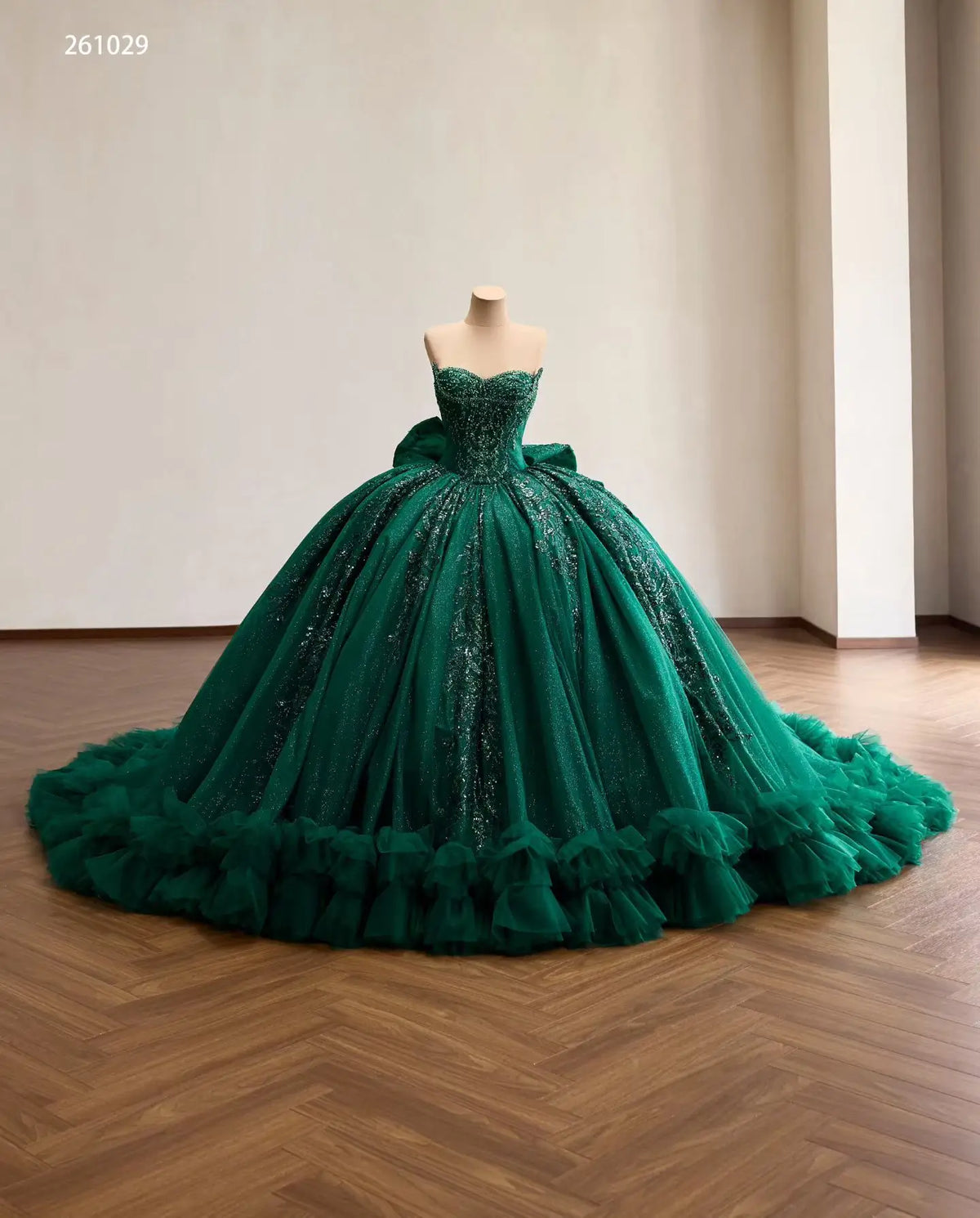 Regal Beaded Quinceañera Ball Gown with Sweetheart Corset, Ruffled Hem and Oversized Back Bow - 261029