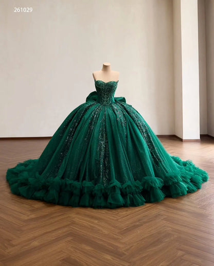 Regal Beaded Quinceañera Ball Gown with Sweetheart Corset, Ruffled Hem and Oversized Back Bow - 261029