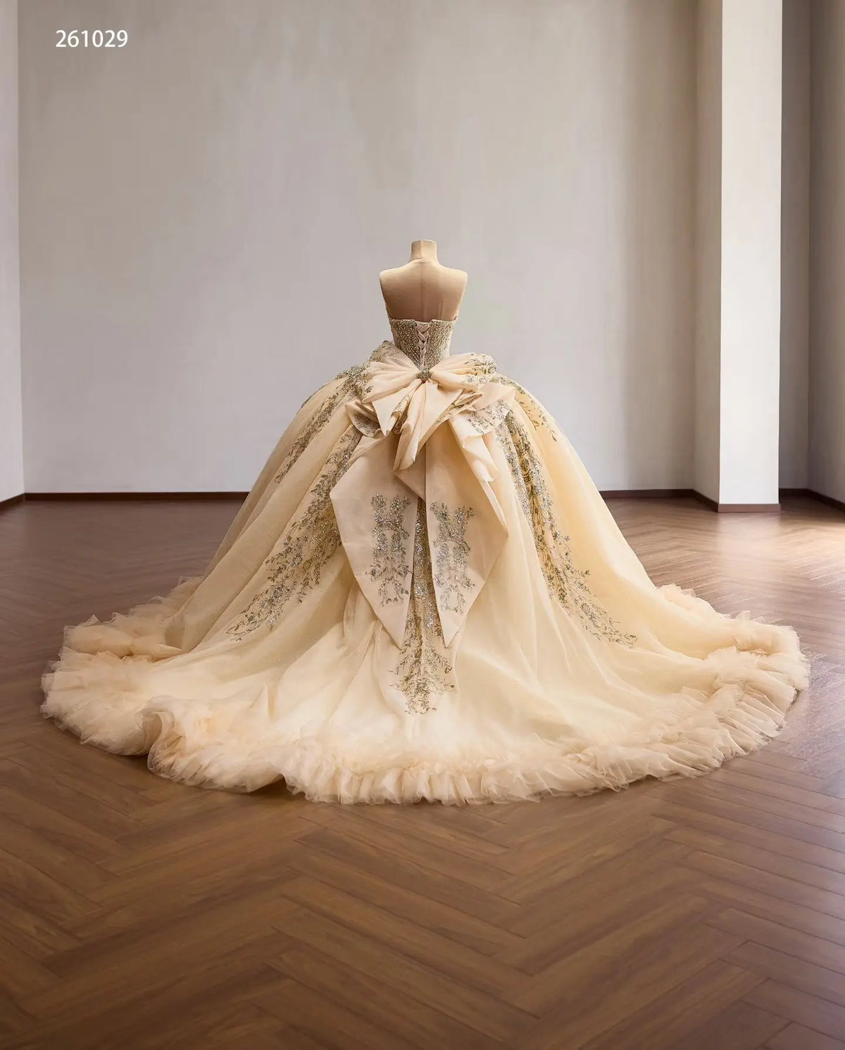 Regal Beaded Quinceañera Ball Gown with Sweetheart Corset, Ruffled Hem and Oversized Back Bow - 261029
