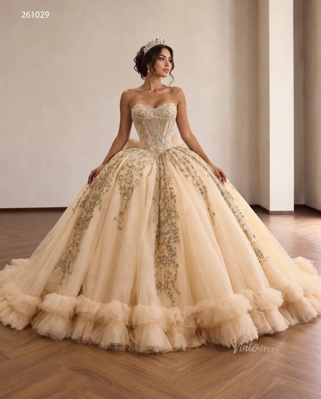 Regal Beaded Quinceañera Ball Gown with Sweetheart Corset, Ruffled Hem and Oversized Back Bow - 261029