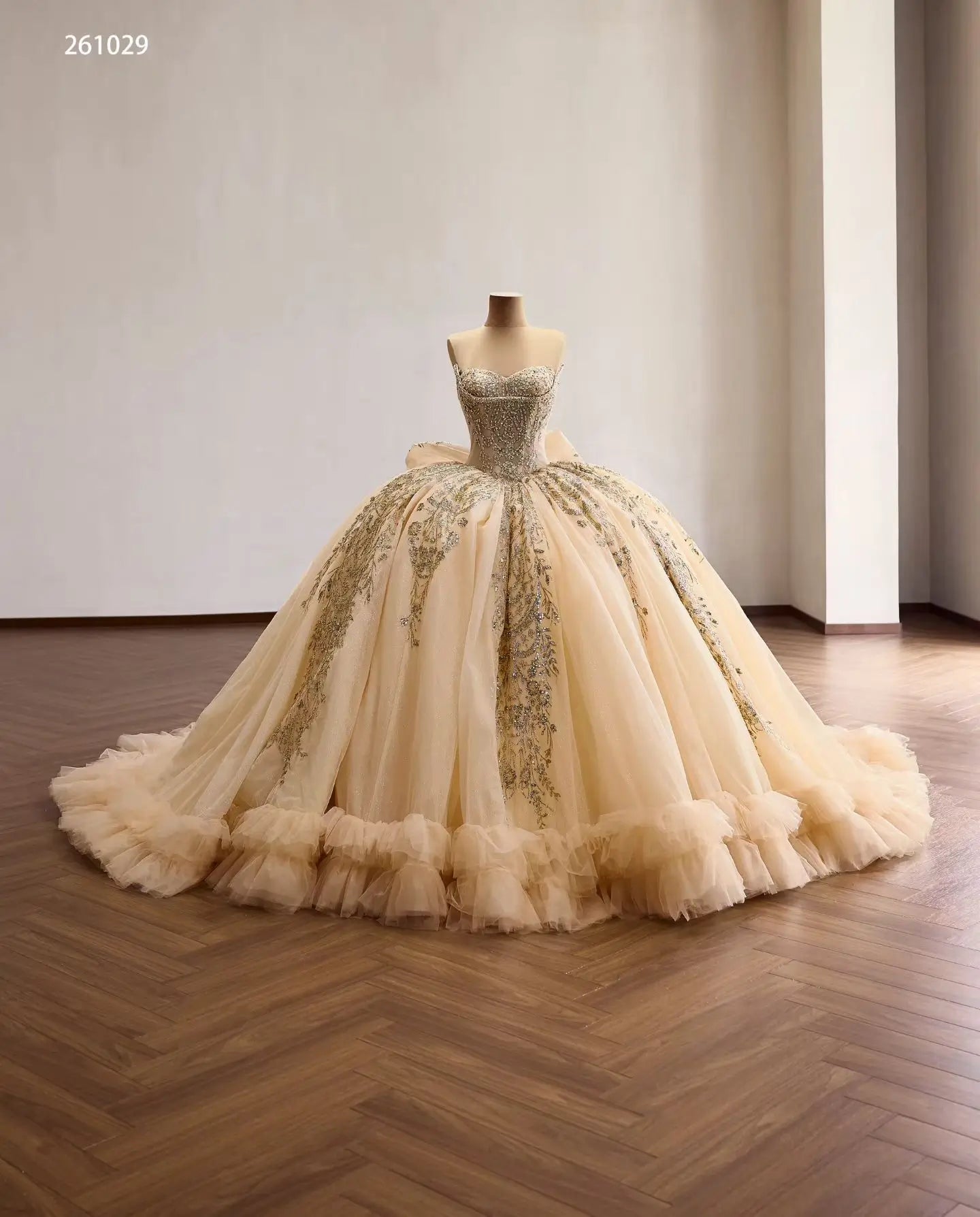 Regal Beaded Quinceañera Ball Gown with Sweetheart Corset, Ruffled Hem and Oversized Back Bow - 261029