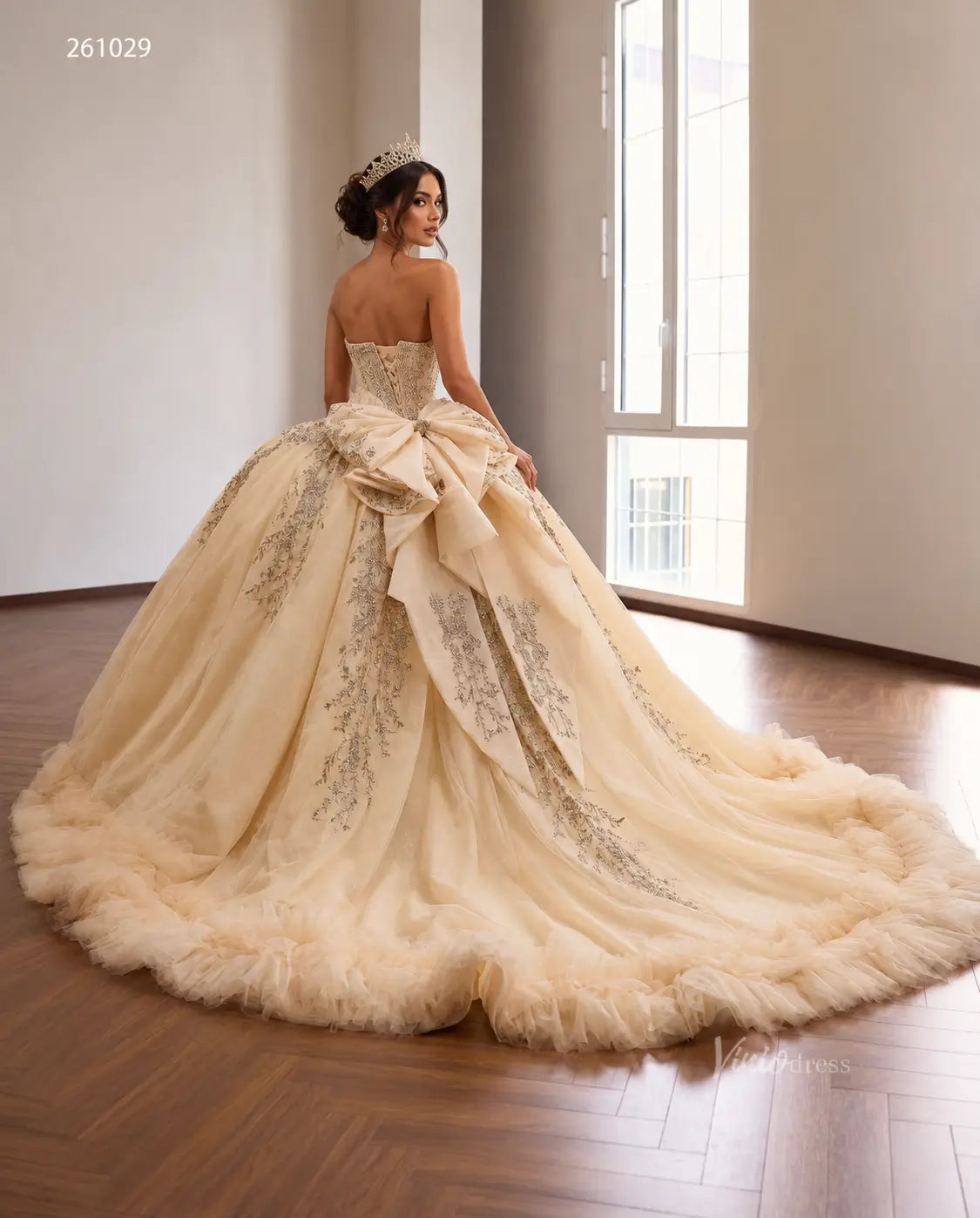 Regal Beaded Quinceañera Ball Gown with Sweetheart Corset, Ruffled Hem and Oversized Back Bow - 261029