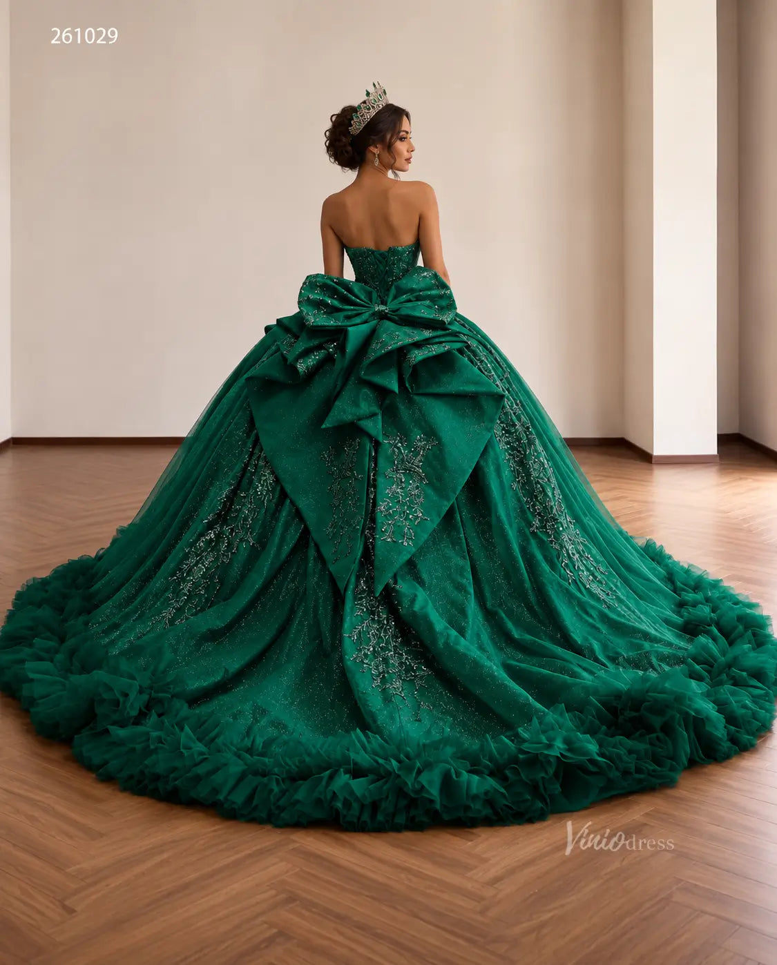 Regal Beaded Quinceañera Ball Gown with Sweetheart Corset, Ruffled Hem and Oversized Back Bow - 261029