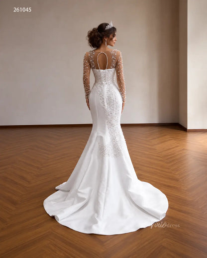 Glamorous 2-in-1 Pearl Beaded Mermaid Wedding Dress with Sheer Long Sleeves and Detachable Overskirt - 261045