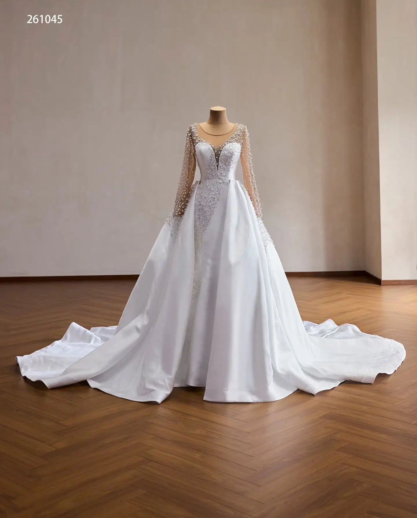 Glamorous 2-in-1 Pearl Beaded Mermaid Wedding Dress with Sheer Long Sleeves and Detachable Overskirt - 261045