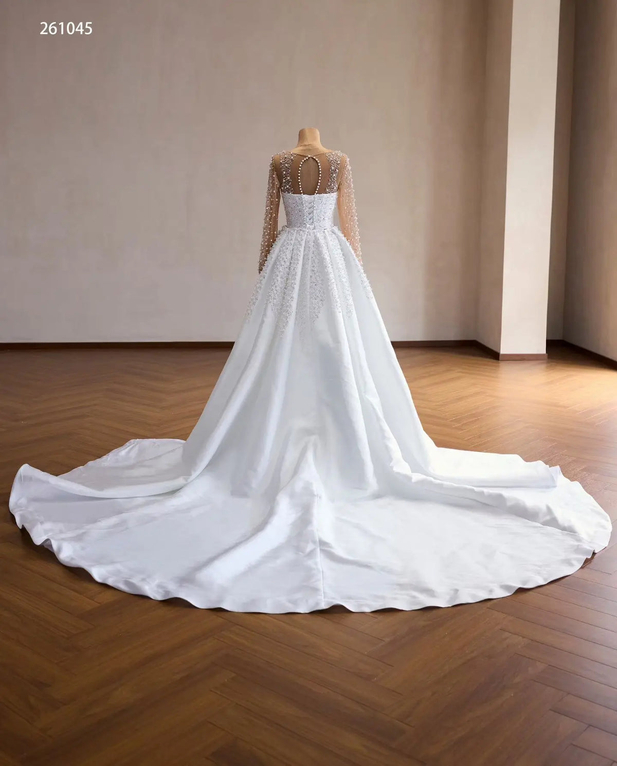 Glamorous 2-in-1 Pearl Beaded Mermaid Wedding Dress with Sheer Long Sleeves and Detachable Overskirt - 261045