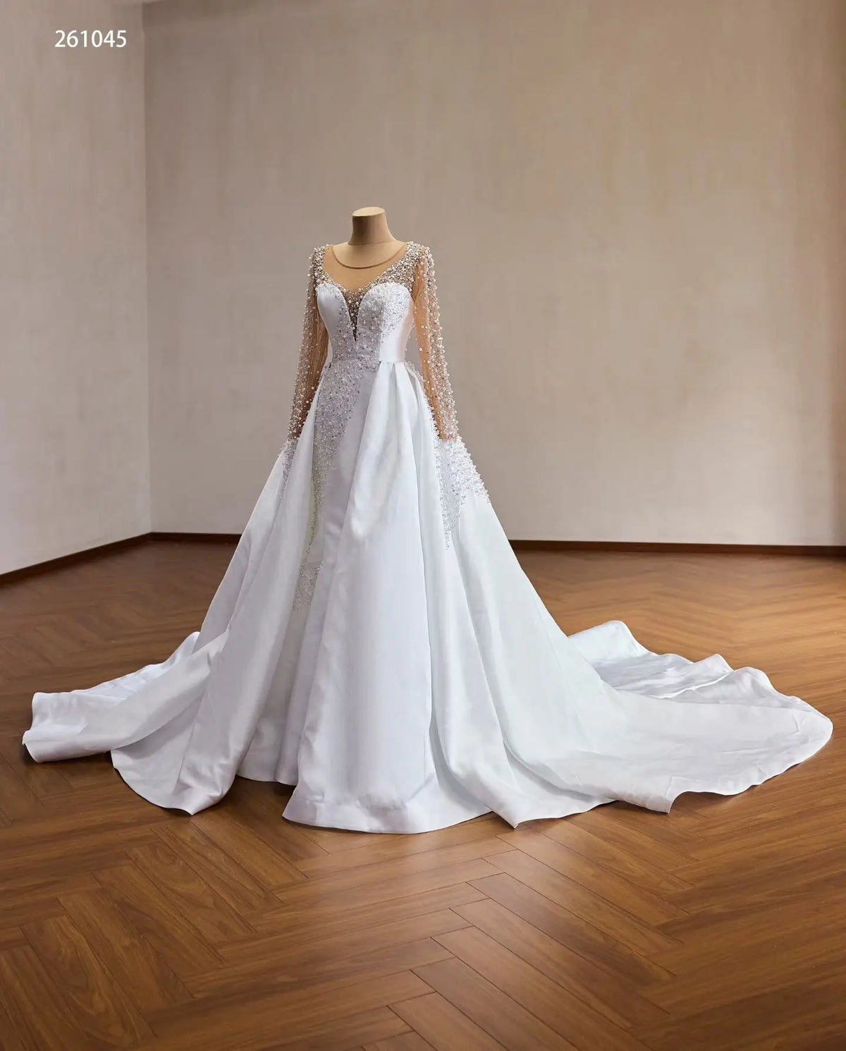 Glamorous 2-in-1 Pearl Beaded Mermaid Wedding Dress with Sheer Long Sleeves and Detachable Overskirt - 261045