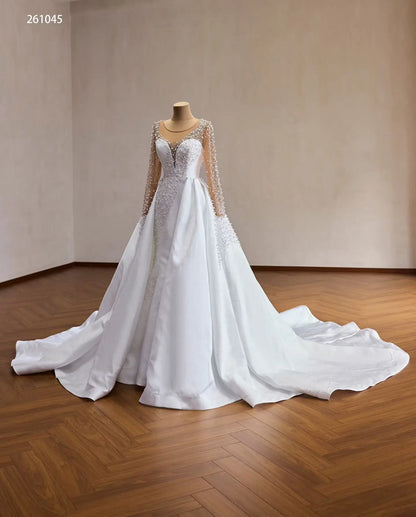 Glamorous 2-in-1 Pearl Beaded Mermaid Wedding Dress with Sheer Long Sleeves and Detachable Overskirt - 261045