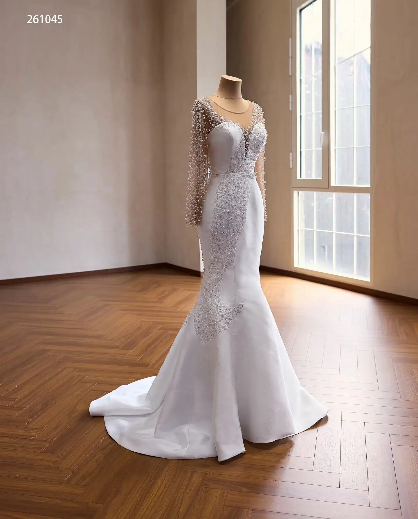 Glamorous 2-in-1 Pearl Beaded Mermaid Wedding Dress with Sheer Long Sleeves and Detachable Overskirt - 261045