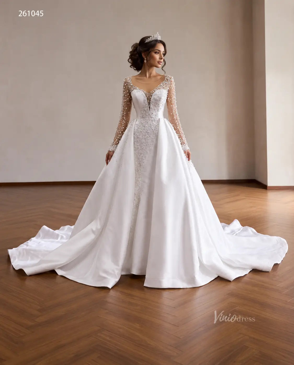 Glamorous 2-in-1 Pearl Beaded Mermaid Wedding Dress with Sheer Long Sleeves and Detachable Overskirt - 261045