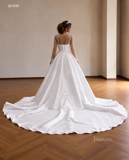 Glamorous 2-in-1 Pearl Beaded Mermaid Wedding Dress with Sheer Long Sleeves and Detachable Overskirt - 261045