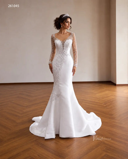 Glamorous 2-in-1 Pearl Beaded Mermaid Wedding Dress with Sheer Long Sleeves and Detachable Overskirt - 261045