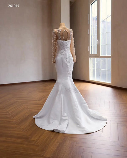 Glamorous 2-in-1 Pearl Beaded Mermaid Wedding Dress with Sheer Long Sleeves and Detachable Overskirt - 261045