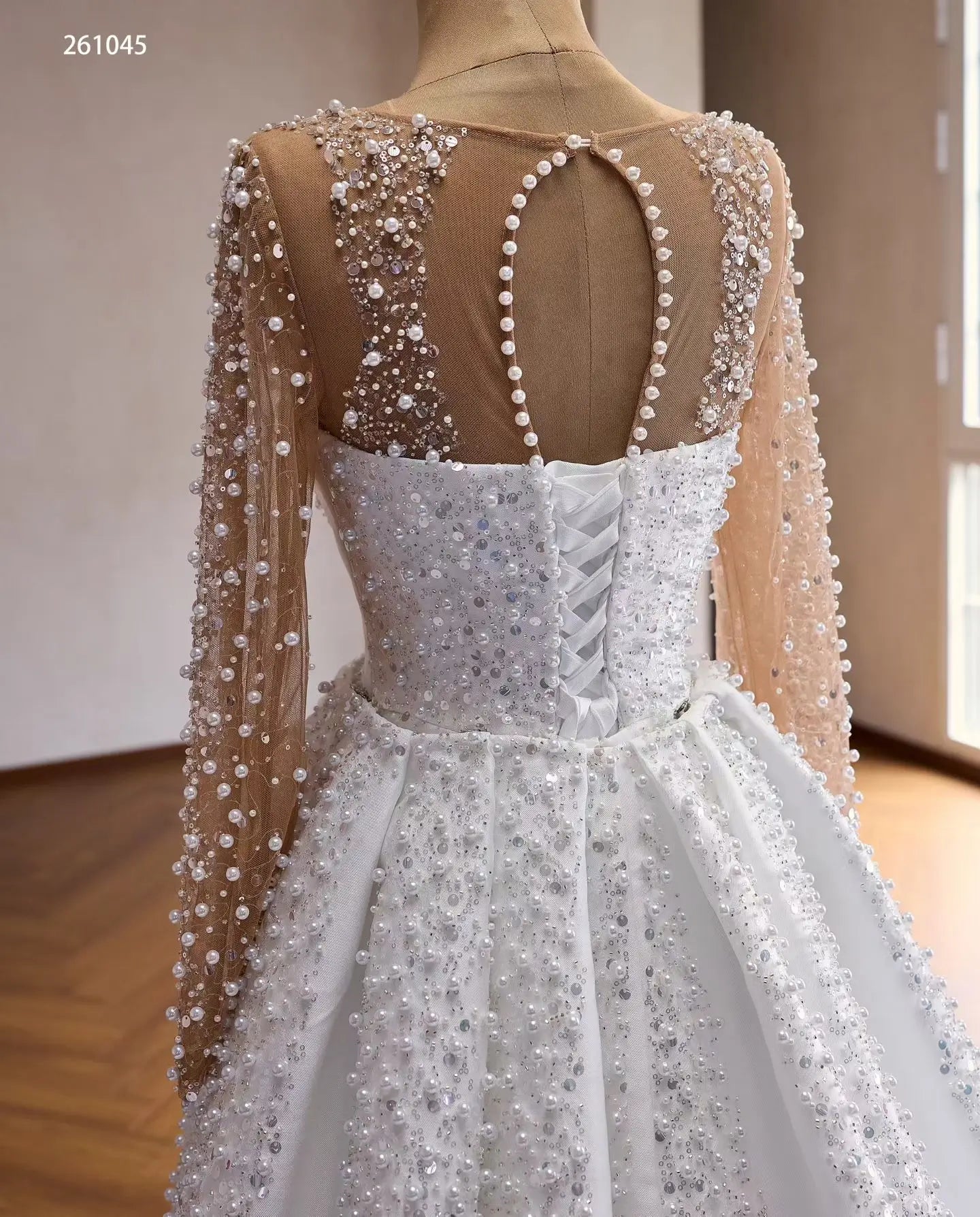 Glamorous 2-in-1 Pearl Beaded Mermaid Wedding Dress with Sheer Long Sleeves and Detachable Overskirt - 261045