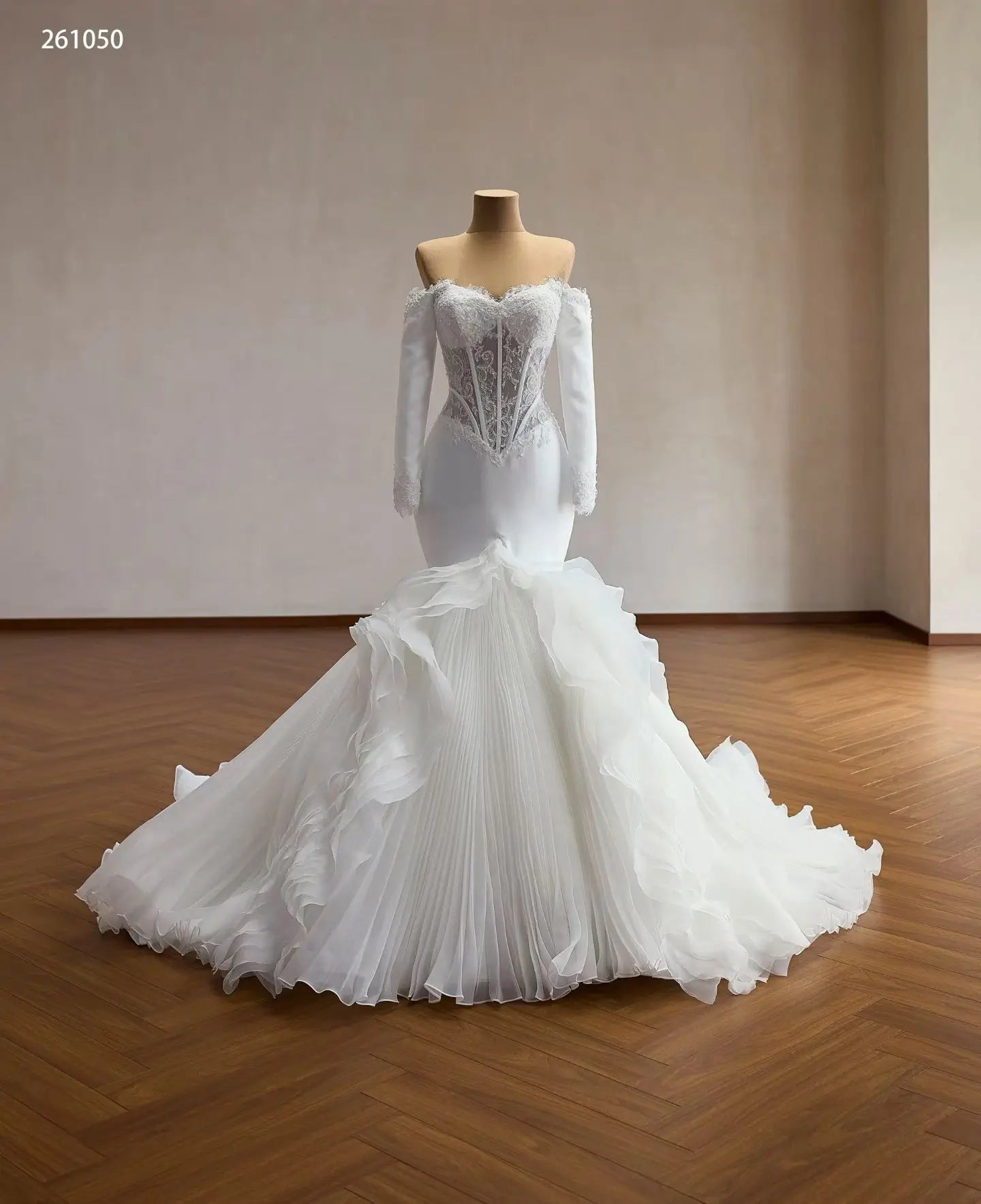 Pleated Ruffle Mermaid Wedding Dress with Off-Shoulder Lace Corset and Long Sleeves - 261050