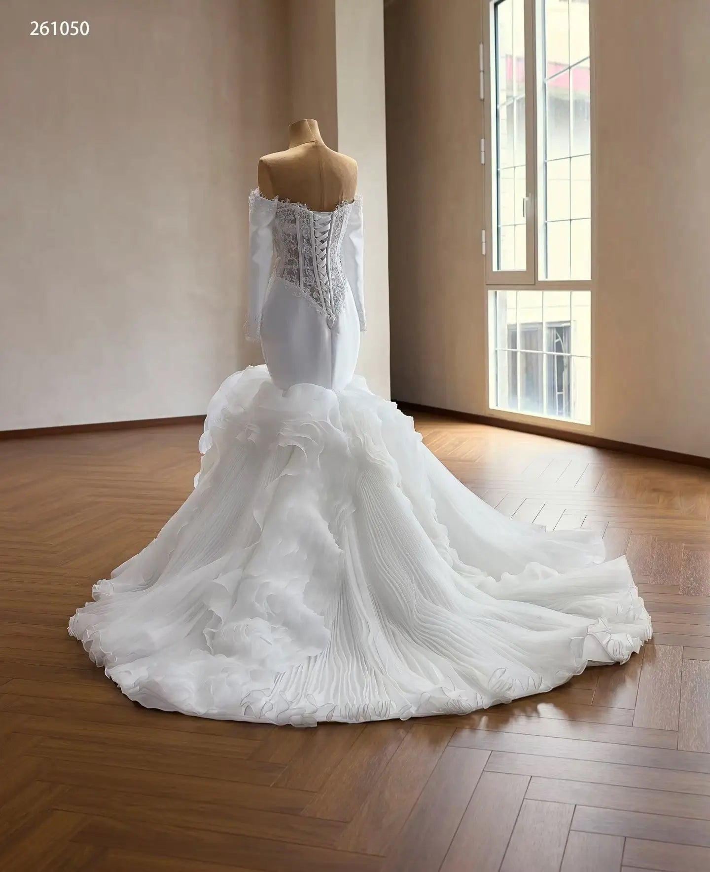 Pleated Ruffle Mermaid Wedding Dress with Off-Shoulder Lace Corset and Long Sleeves - 261050