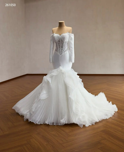Pleated Ruffle Mermaid Wedding Dress with Off-Shoulder Lace Corset and Long Sleeves - 261050