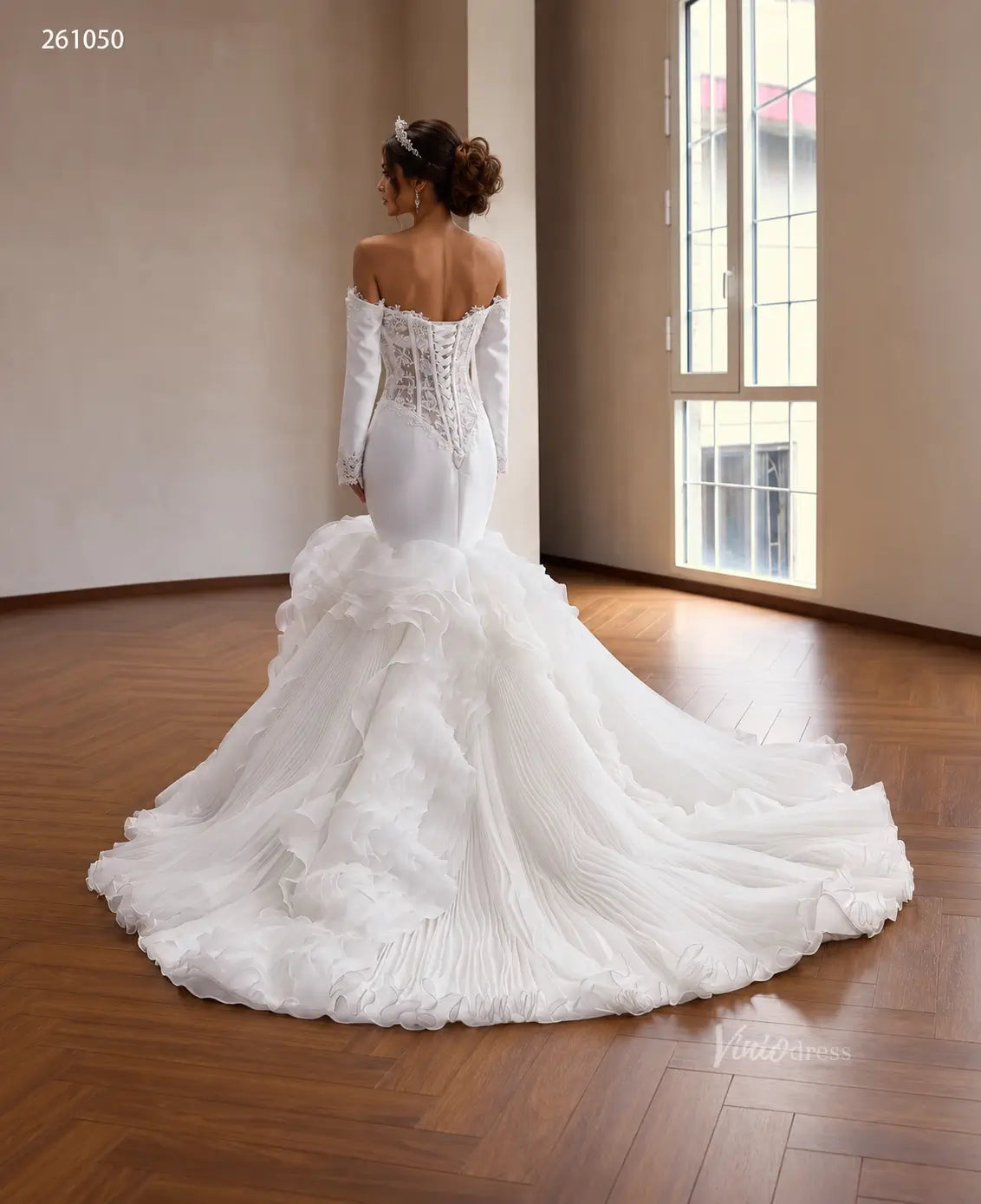 Pleated Ruffle Mermaid Wedding Dress with Off-Shoulder Lace Corset and Long Sleeves - 261050