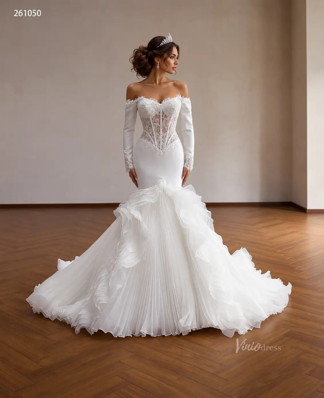 Pleated Ruffle Mermaid Wedding Dress with Off-Shoulder Lace Corset and Long Sleeves - 261050