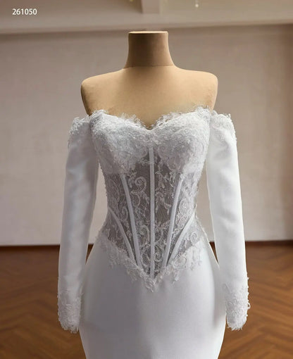 Pleated Ruffle Mermaid Wedding Dress with Off-Shoulder Lace Corset and Long Sleeves - 261050