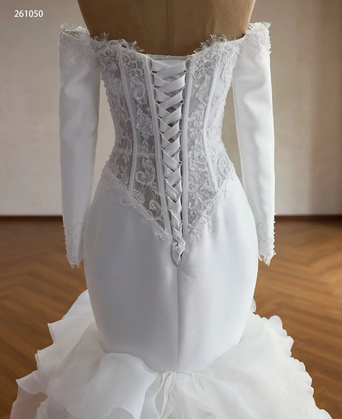 Pleated Ruffle Mermaid Wedding Dress with Off-Shoulder Lace Corset and Long Sleeves - 261050