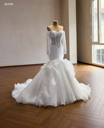 Pleated Ruffle Mermaid Wedding Dress with Off-Shoulder Lace Corset and Long Sleeves - 261050
