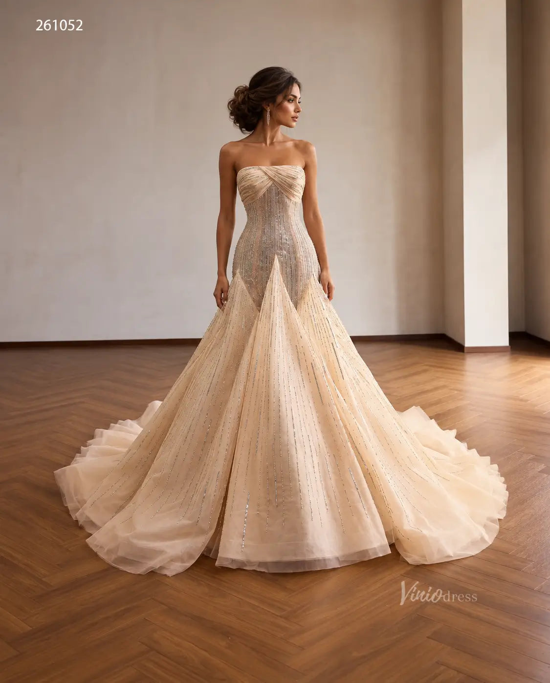 Champagne Crystal-Beaded Mermaid Wedding Dress with Draped Strapless Bodice and Sunburst Skirt - 261052