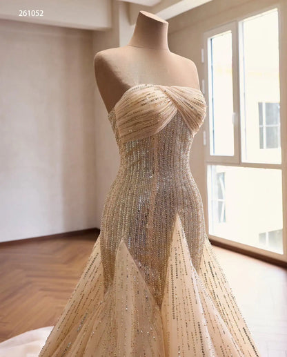Champagne Crystal-Beaded Mermaid Wedding Dress with Draped Strapless Bodice and Sunburst Skirt - 261052