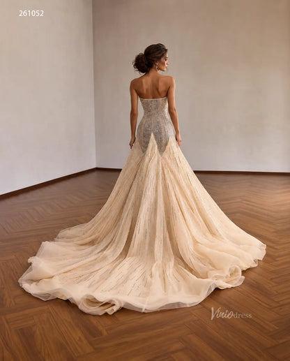 Champagne Crystal-Beaded Mermaid Wedding Dress with Draped Strapless Bodice and Sunburst Skirt - 261052