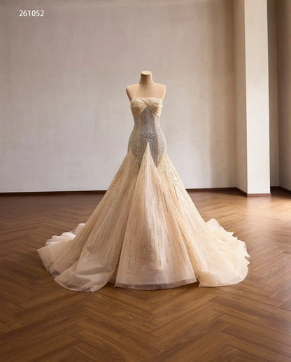 Champagne Crystal-Beaded Mermaid Wedding Dress with Draped Strapless Bodice and Sunburst Skirt - 261052