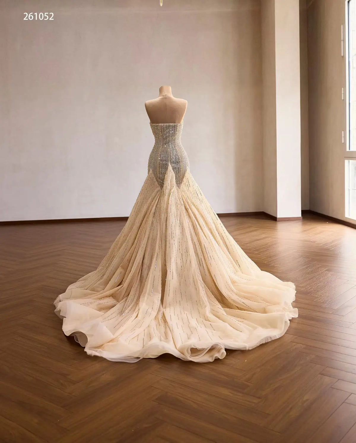 Champagne Crystal-Beaded Mermaid Wedding Dress with Draped Strapless Bodice and Sunburst Skirt - 261052