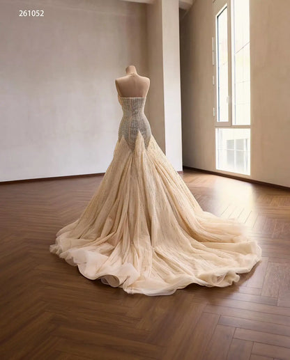 Champagne Crystal-Beaded Mermaid Wedding Dress with Draped Strapless Bodice and Sunburst Skirt - 261052