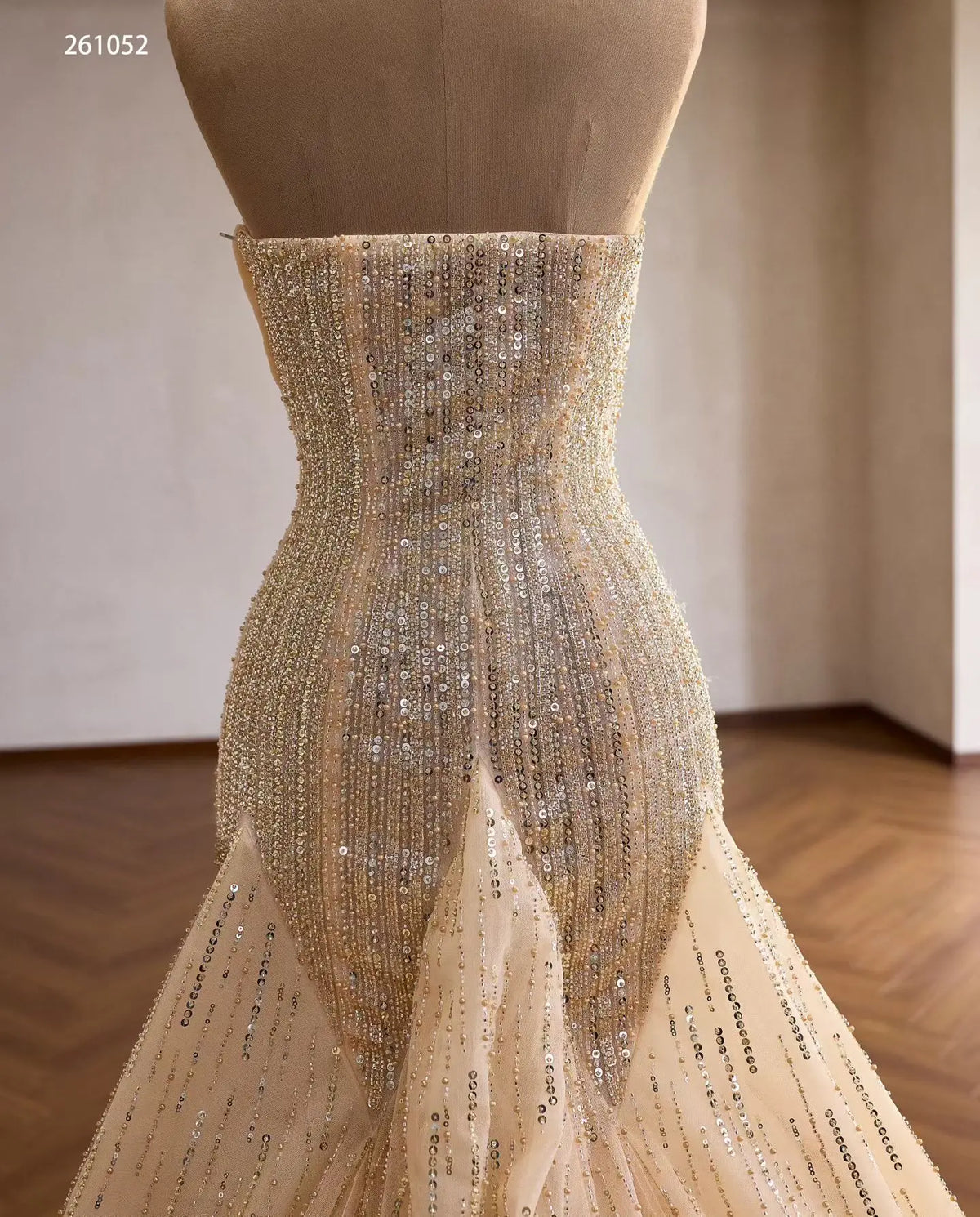 Champagne Crystal-Beaded Mermaid Wedding Dress with Draped Strapless Bodice and Sunburst Skirt - 261052