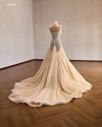 Champagne Crystal-Beaded Mermaid Wedding Dress with Draped Strapless Bodice and Sunburst Skirt - 261052