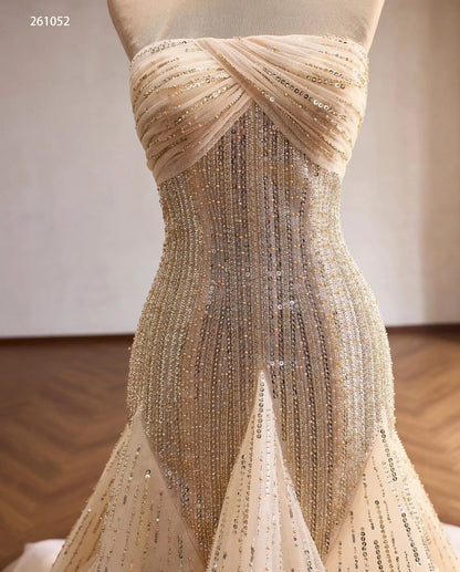 Champagne Crystal-Beaded Mermaid Wedding Dress with Draped Strapless Bodice and Sunburst Skirt - 261052