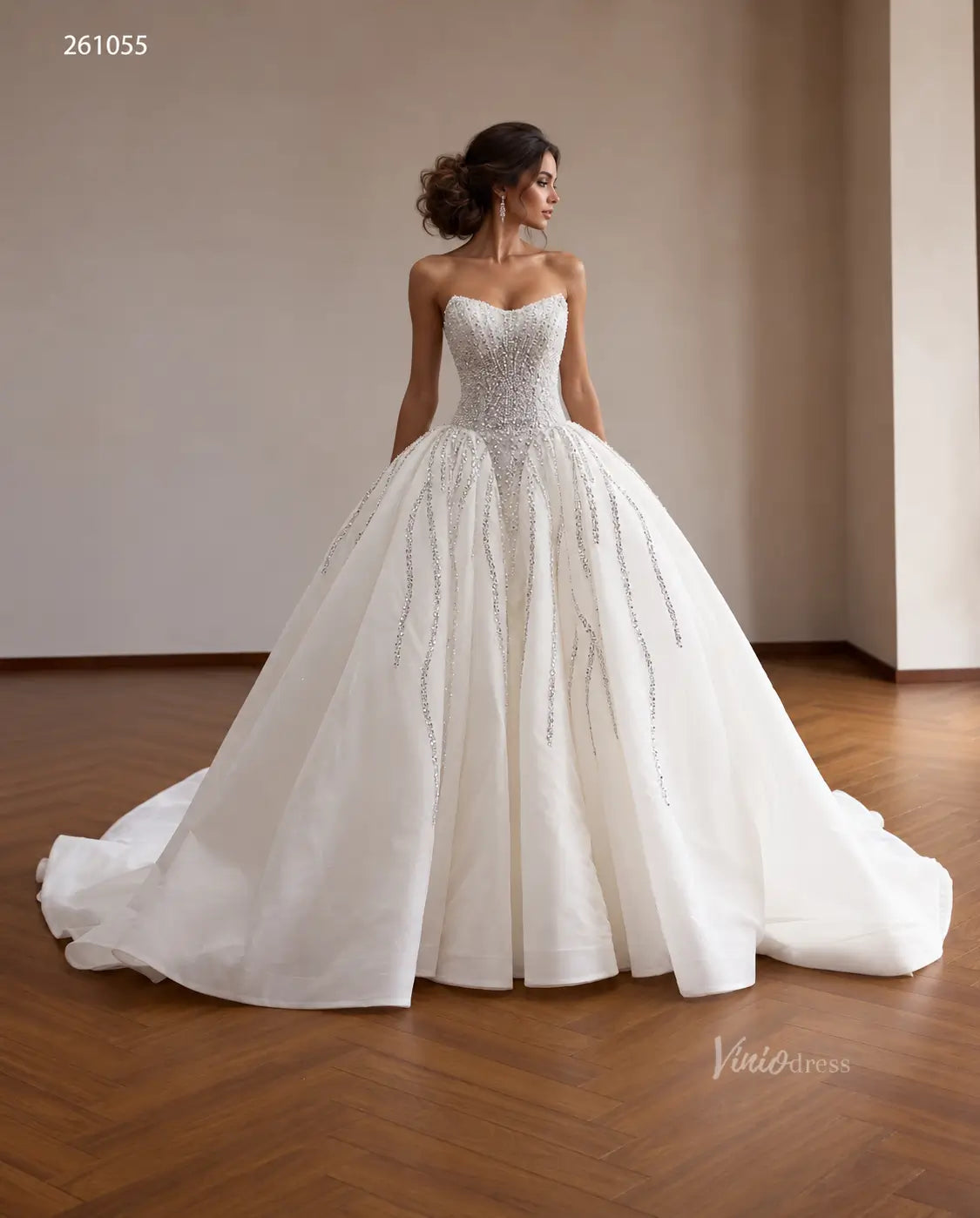Strapless Crystal Waterfall Ball Gown Wedding Dress with Beaded Corset and Cathedral Train - 261055