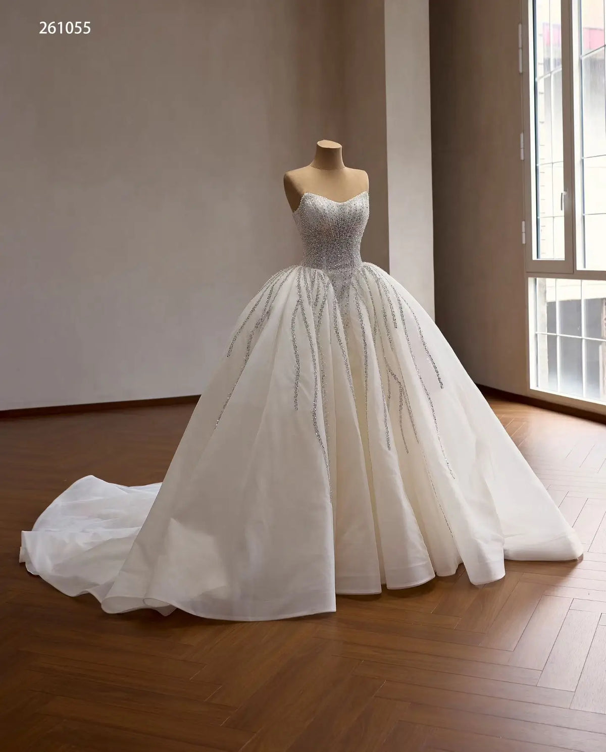 Strapless Crystal Waterfall Ball Gown Wedding Dress with Beaded Corset and Cathedral Train - 261055