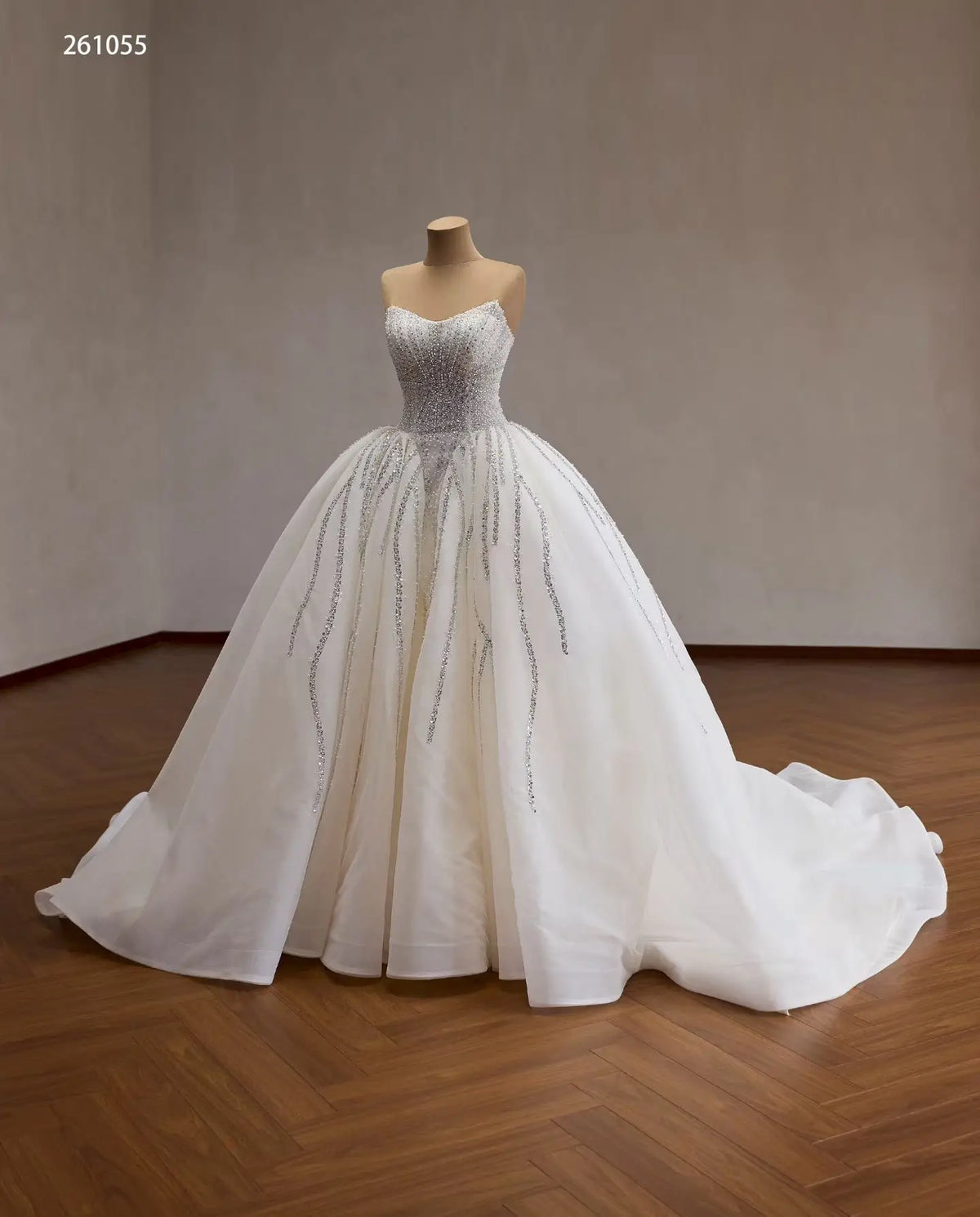 Strapless Crystal Waterfall Ball Gown Wedding Dress with Beaded Corset and Cathedral Train - 261055