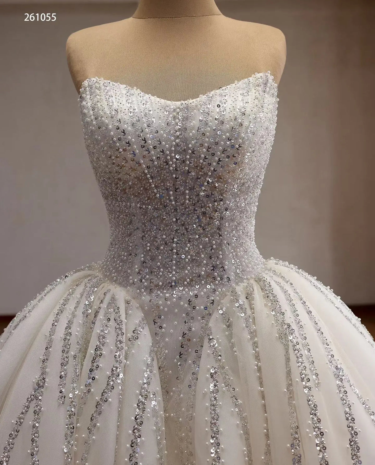 Strapless Crystal Waterfall Ball Gown Wedding Dress with Beaded Corset and Cathedral Train - 261055