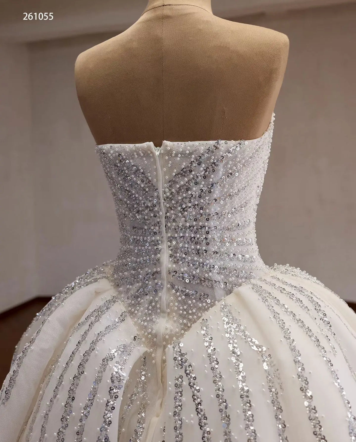 Strapless Crystal Waterfall Ball Gown Wedding Dress with Beaded Corset and Cathedral Train - 261055