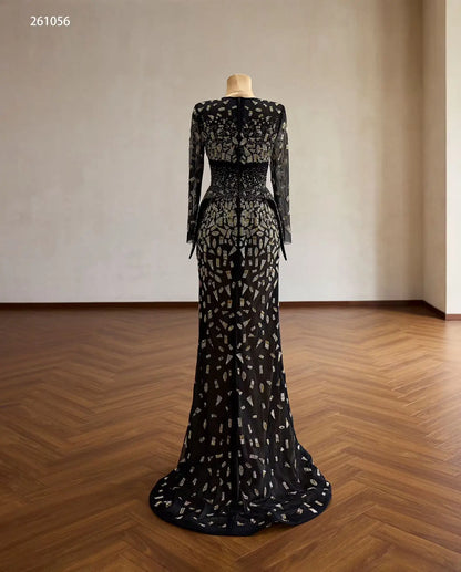 Black Geometric Beaded Long Sleeve Evening Gown with Sheer Illusion Neckline and Column Silhouette - 261056