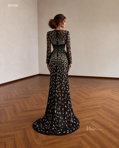 Black Geometric Beaded Long Sleeve Evening Gown with Sheer Illusion Neckline and Column Silhouette - 261056