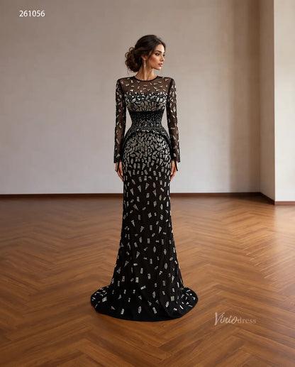Black Geometric Beaded Long Sleeve Evening Gown with Sheer Illusion Neckline and Column Silhouette - 261056