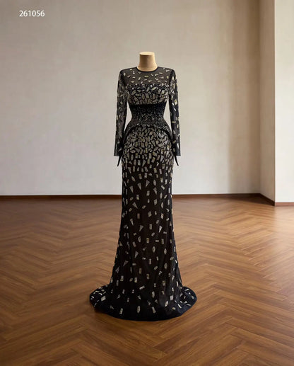 Black Geometric Beaded Long Sleeve Evening Gown with Sheer Illusion Neckline and Column Silhouette - 261056