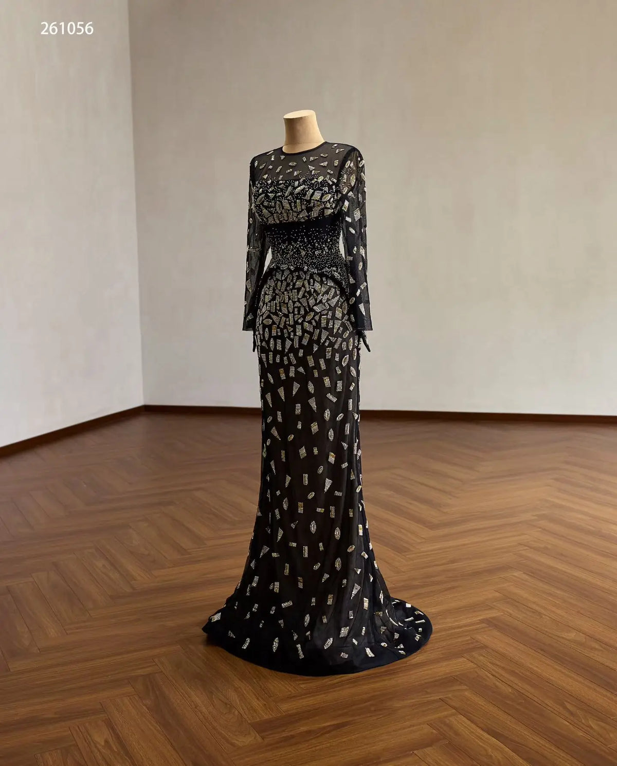 Black Geometric Beaded Long Sleeve Evening Gown with Sheer Illusion Neckline and Column Silhouette - 261056
